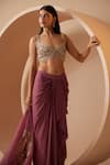 Roqa_Purple Blouse And Dhoti Skirt Georgette Embroidery Sequins Eva Border Cape Set _at_Aza_Fashions