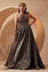 Buy_Roqa_Brown Organza Embroidery Sequins Asymmetric Neck Myra Ball Gown _at_Aza_Fashions