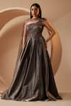 Buy_Roqa_Brown Organza Embroidery Sequins Asymmetric Neck Myra Ball Gown _Online_at_Aza_Fashions