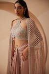 Shop_Roqa_Pink Bustier And Skirt Modal Satin Embroidery Crystal Raelyn Trellis Cape Set_at_Aza_Fashions