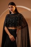 Roqa_Black Cape Net Embroidery Sequins Round Neck Raina Hand With Dhoti Pant_Online
