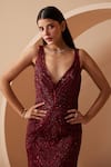 Buy_Roqa_Maroon Net Embroidery Sequins Deep V Neck Rebecca Hand Gown _Online_at_Aza_Fashions