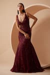 Shop_Roqa_Maroon Net Embroidery Sequins Deep V Neck Rebecca Hand Gown _Online_at_Aza_Fashions