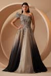 Buy_Roqa_Grey Organza Embroidery Sequins Asymmetric Neck Verona Ombre Gown _at_Aza_Fashions