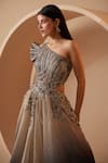 Buy_Roqa_Grey Organza Embroidery Sequins Asymmetric Neck Verona Ombre Gown _Online_at_Aza_Fashions