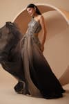 Shop_Roqa_Grey Organza Embroidery Sequins Asymmetric Neck Verona Ombre Gown _Online_at_Aza_Fashions