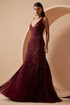 Buy_Roqa_Maroon Net Embroidery Sequins Deep V Neck Rebecca Hand Gown _at_Aza_Fashions