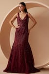 Roqa_Maroon Net Embroidery Sequins Deep V Neck Rebecca Hand Gown _at_Aza_Fashions