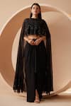 Shop_Roqa_Black Cape Net Embroidery Sequins Round Neck Raina Hand With Dhoti Pant_Online_at_Aza_Fashions