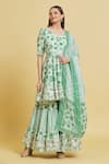 Buy_Samyukta Singhania_Green Cotton Printed Floral Sweetheart Kurta Sharara Set _at_Aza_Fashions