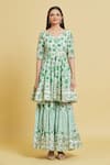 Samyukta Singhania_Green Cotton Printed Floral Sweetheart Kurta Sharara Set _Online_at_Aza_Fashions