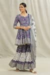 Buy_Samyukta Singhania_Blue Cotton Print Floral V Neck Daisy Anarkali Sharara Set _Online_at_Aza_Fashions