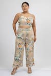 Mamicha_Beige Satin Crepe Print Botanical Garden V Claude Monet Cape Pant Set _at_Aza_Fashions