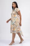 Buy_Mamicha_Beige Georgette Print Blossom Mandarin Collar Flaming June High Low Dress _Online_at_Aza_Fashions