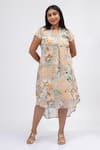 Shop_Mamicha_Beige Georgette Print Blossom Mandarin Collar Flaming June High Low Dress _Online_at_Aza_Fashions