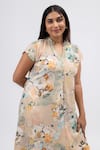 Mamicha_Beige Georgette Print Blossom Mandarin Collar Flaming June High Low Dress _at_Aza_Fashions