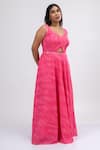 Buy_Mamicha_Pink Georgette Print Foliage Swirl V Front Cut Out Gown _Online_at_Aza_Fashions