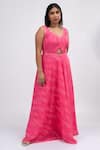 Shop_Mamicha_Pink Georgette Print Foliage Swirl V Front Cut Out Gown _Online_at_Aza_Fashions