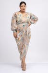 Buy_Mamicha_Beige Georgette Print Peony V Poplars Bloom Draped Dress With Belt _at_Aza_Fashions