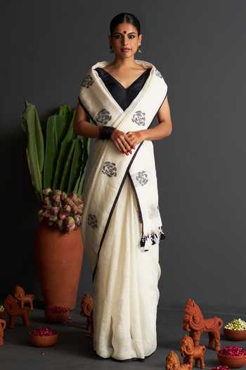 Buy_Five Point Five_Off White Linen Nasreen Roseate Woven Saree With Running Blouse _at_Aza_Fashions