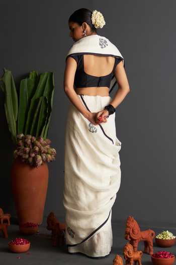 Shop_Five Point Five_Off White Linen Nasreen Roseate Woven Saree With Running Blouse _at_Aza_Fashions