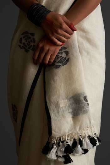 Buy_Five Point Five_Off White Linen Nasreen Roseate Woven Saree With Running Blouse _Online_at_Aza_Fashions