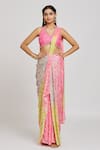 Jiya by Veer Design Studio_Pink Silk Embroidery Leheriya Print Pre-draped Saree With Blouse _Online_at_Aza_Fashions