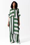 Shop_OFRIDA_Green Cotton, Silk Boat Neck Maze Stripe Pattern Tunic_at_Aza_Fashions
