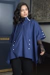 Rhe-Ana_Blue Outer - Blended Wool Embellished Pearl High Neck Tanzanite Cape  _Online_at_Aza_Fashions