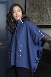 Buy_Rhe-Ana_Blue Outer - Blended Wool Embellished Pearl High Neck Tanzanite Cape  _Online_at_Aza_Fashions