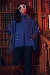 Rhe-Ana_Blue Outer - Blended Wool Embellished Pearl High Neck Tanzanite Cape  _at_Aza_Fashions