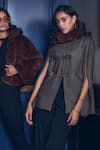 Rhe-Ana_Brown Blended Herringbone Wool Embellished Derby Faux Fur Collar Cape  _at_Aza_Fashions