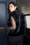 Shop_Rhe-Ana_Black 100% Polyester Front Open Raven Faux Fur Detailed Gilet  _at_Aza_Fashions