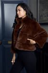 Rhe-Ana_Brown 100% Polyester High Neck Coffee Fur Jacket  _Online_at_Aza_Fashions