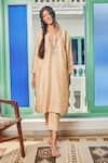 Shop_Bo tree_Beige Thin Raw Embroidered Threads V Neck Mehek Kurta Pant Set _Online_at_Aza_Fashions