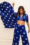 Shop_Gulaal_Blue Modal Satin Printed Hand Tie-dyed Bandhani Lapel Shrug And Straight Pant Set 