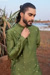 Shop_Runit Gupta_Green Kurta Chanderi Silk Hand Embroidered Pearls Olivio Short Set  _at_Aza_Fashions