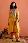 Buy_Karishma Khanduja Bareilly_Yellow Cheeniya Silk Embroidery Thread Notched Yoke Kurta And Salwar Set _at_Aza_Fashions