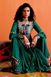 Karishma Khanduja Bareilly_Green Georgette Embroidery Thread Notched Geometric Anarkali And Flared Pant Set_at_Aza_Fashions