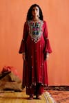 Karishma Khanduja Bareilly_Maroon Georgette Embroidery Thread Notched Anarkali And Palazzo Set _Online_at_Aza_Fashions