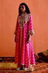 Karishma Khanduja Bareilly_Magenta Silk Embroidery Bandhani V Neck Pattern Kurta And Pant Set _Online_at_Aza_Fashions