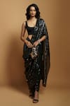 Style Junkiie_Black Sequin Embroidered And Pre-draped Saree With Detachable Pallu  _Online_at_Aza_Fashions