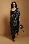 Buy_Style Junkiie_Black Sequin Embroidered And Pre-draped Saree With Detachable Pallu  _Online_at_Aza_Fashions