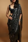 Shop_Style Junkiie_Black Sequin Embroidered And Pre-draped Saree With Detachable Pallu  _Online_at_Aza_Fashions