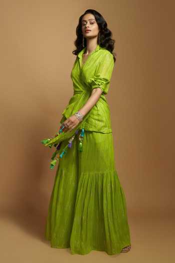 Buy_Style Junkiie_Green Georgette Gota Patti Embroidered Flared Gharara _at_Aza_Fashions