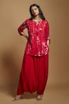 Buy_Style Junkiie_Red Sequin Embellished Notched Neck Tonal Tunic  _at_Aza_Fashions