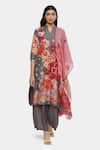 Buy_Satya Paul_Grey Chanderi Printed Bloom And Dotted Band Collar Kurta & Pant Set _at_Aza_Fashions