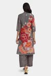 Shop_Satya Paul_Grey Chanderi Printed Bloom And Dotted Band Collar Kurta & Pant Set _at_Aza_Fashions