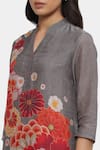 Shop_Satya Paul_Grey Chanderi Printed Bloom And Dotted Band Collar Kurta & Pant Set _Online_at_Aza_Fashions