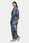 Satya Paul_Blue Linen Shawl Neck Glacial Grace Printed Kimono Top _Online_at_Aza_Fashions